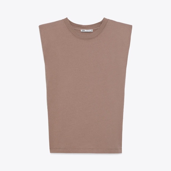 ZARA | padded Shoulder Muscle T Shirt Beige - Picture 1 of 4